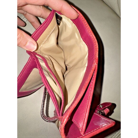 Coach Signature Canvas Tri-Fold Wallet Buckle Tab Leather Trim Brown Pink - Picture 9 of 13